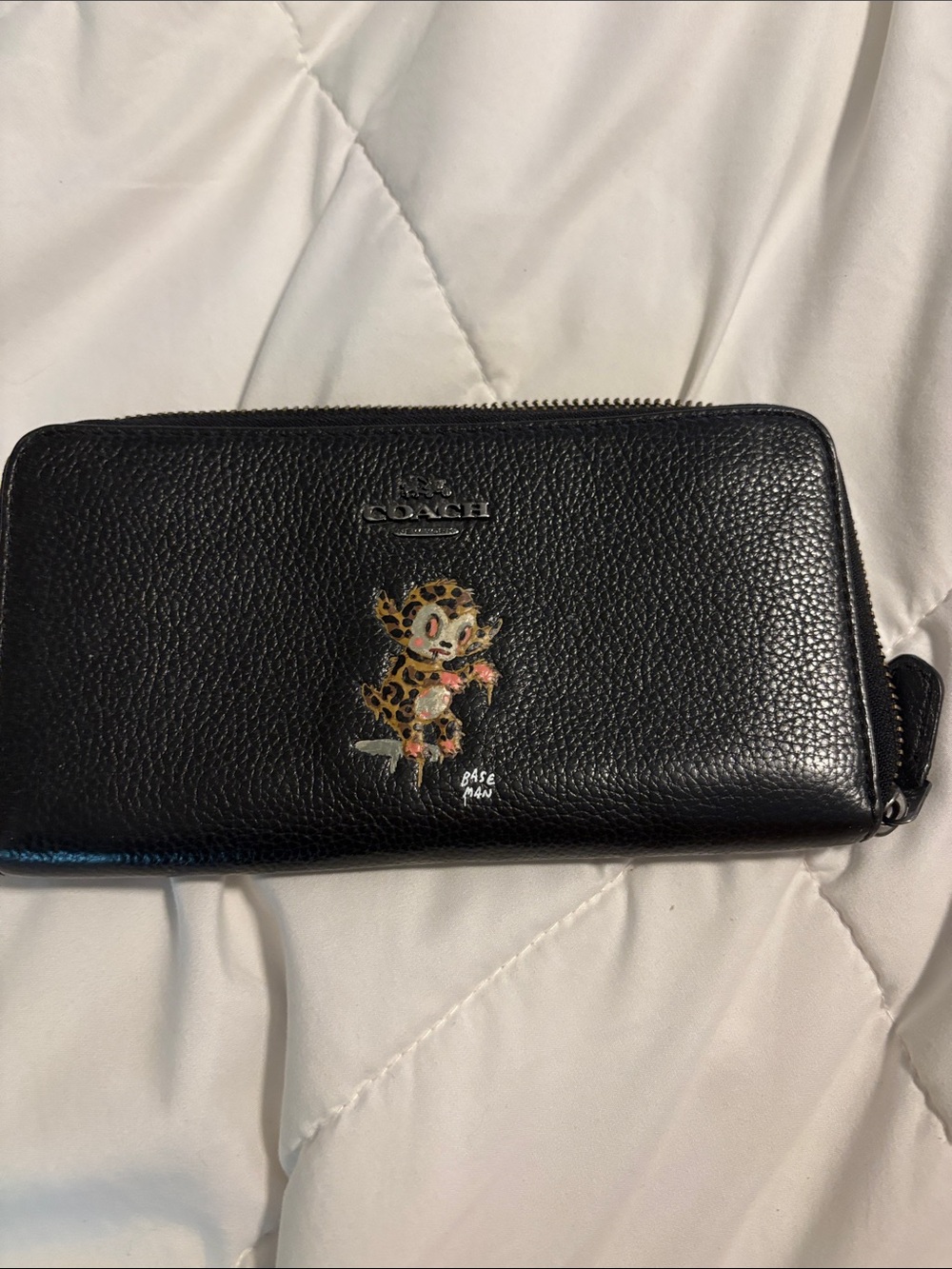 Coach Baseman Black Pebbled Leather Zip Wallet with Character Motif